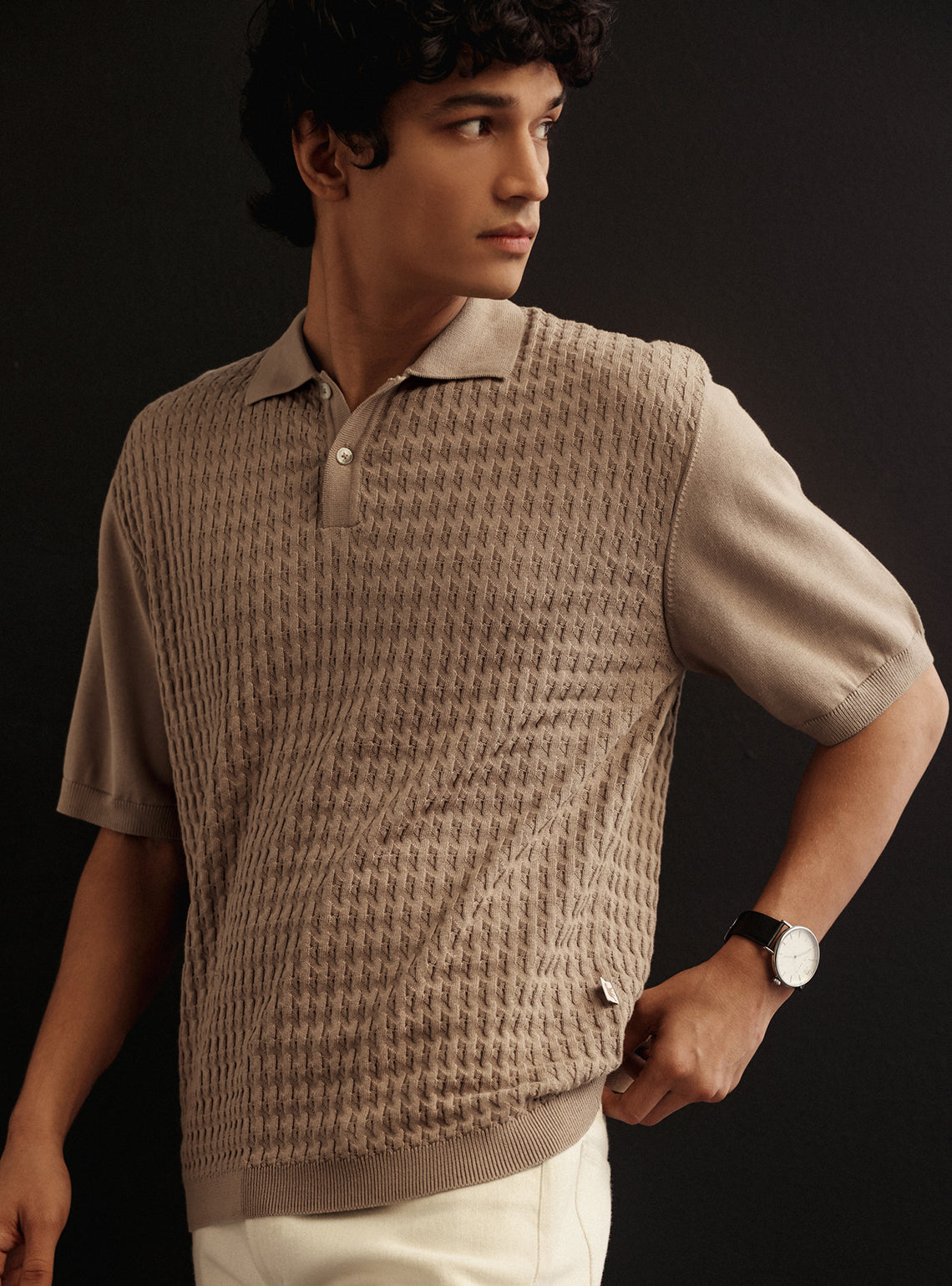 Khaki Spice Cotton Cable Knit Polo