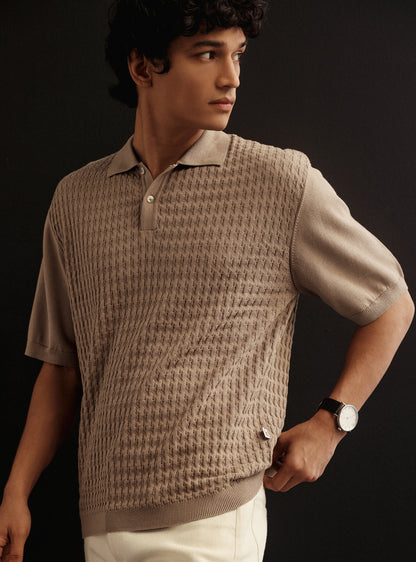 Khaki Spice Cotton Cable Knit Polo