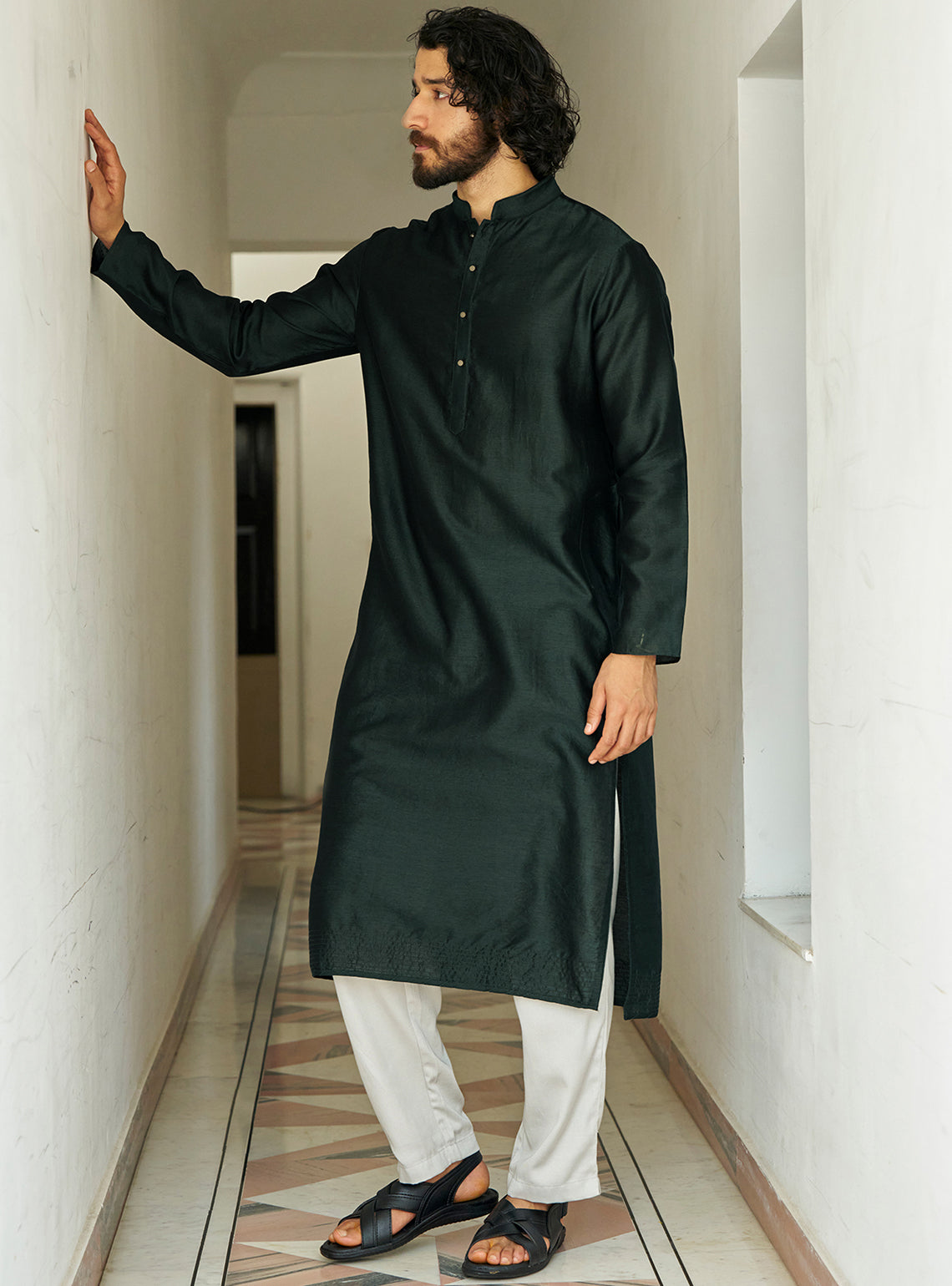 Vyan Green Cotton Silk Kurta