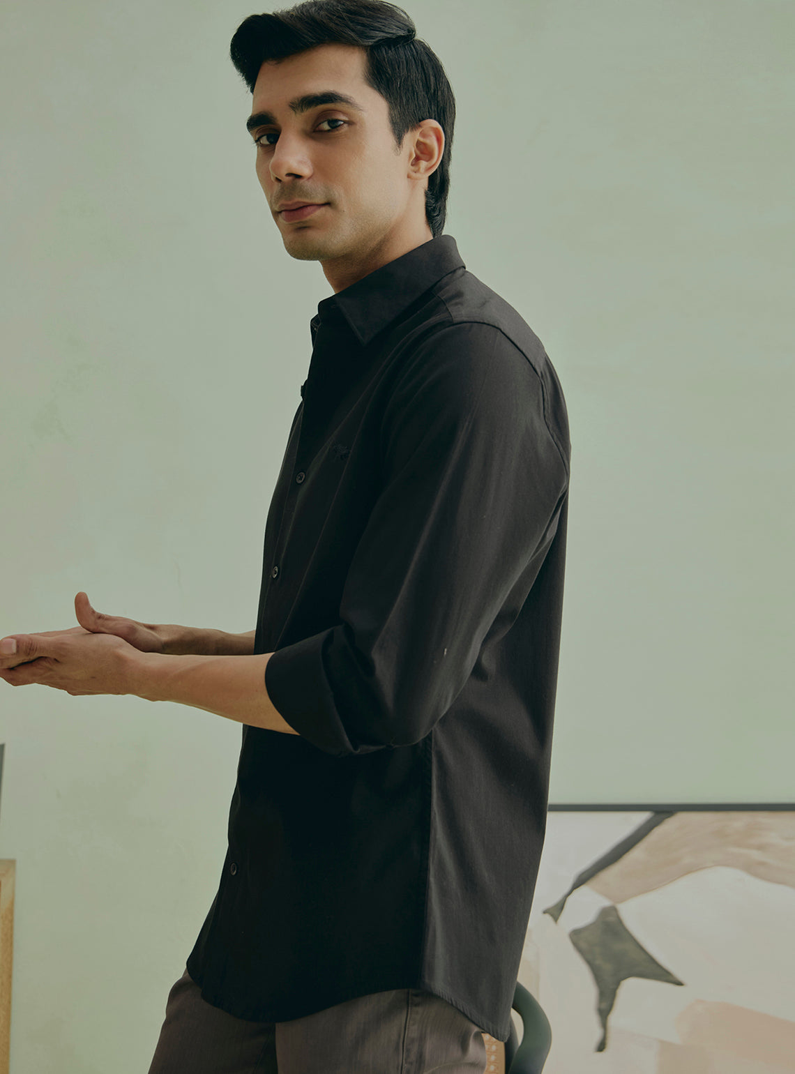 Balsamic Black Cotton Stretch Satin Shirt