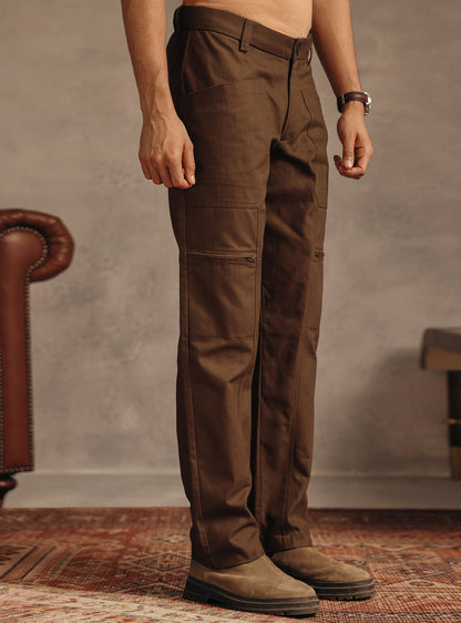Eclipse Brown Cotton Herringbone Trousers
