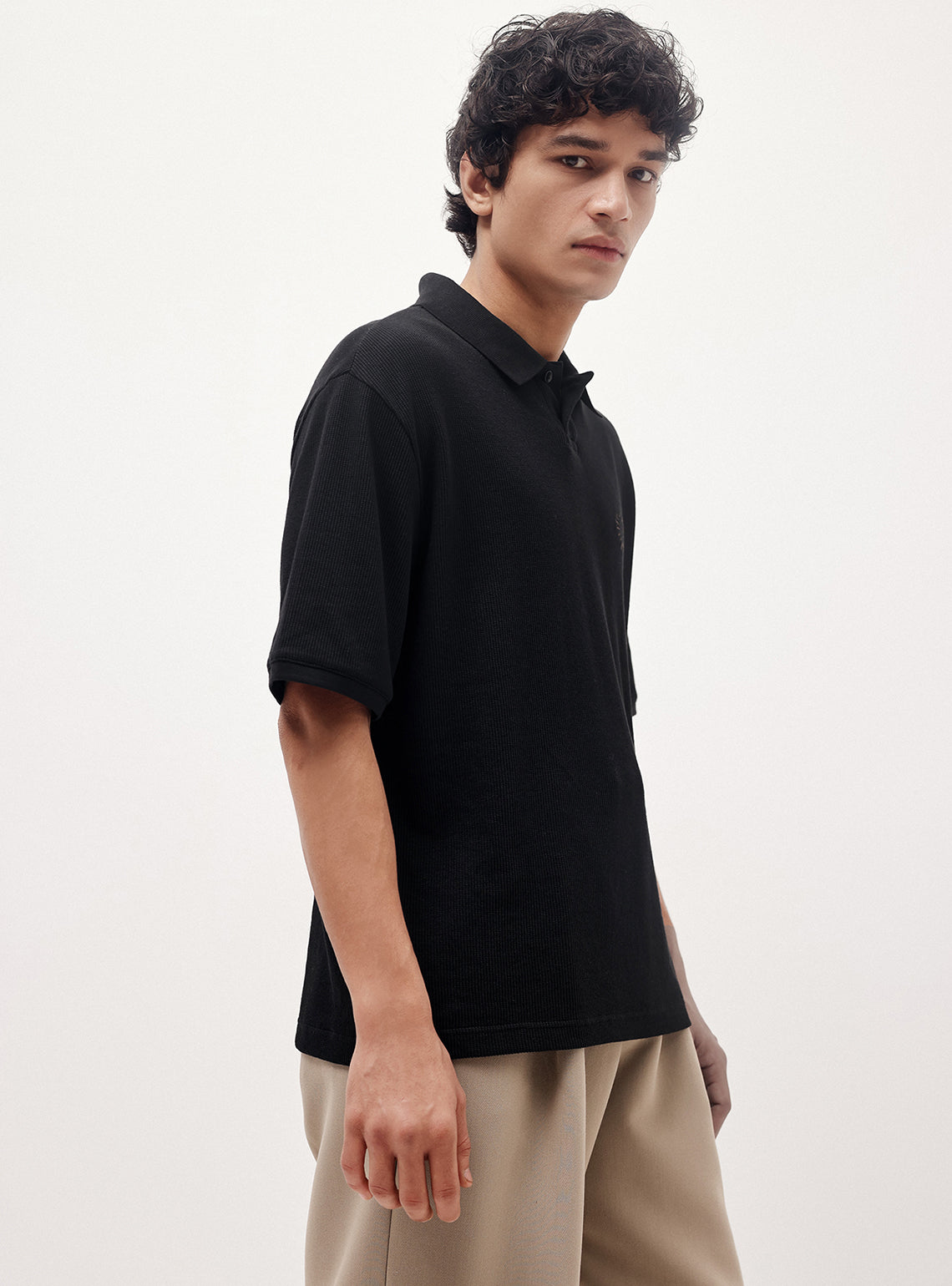 Bunker Black Cotton Blend Waffle Knit Polo