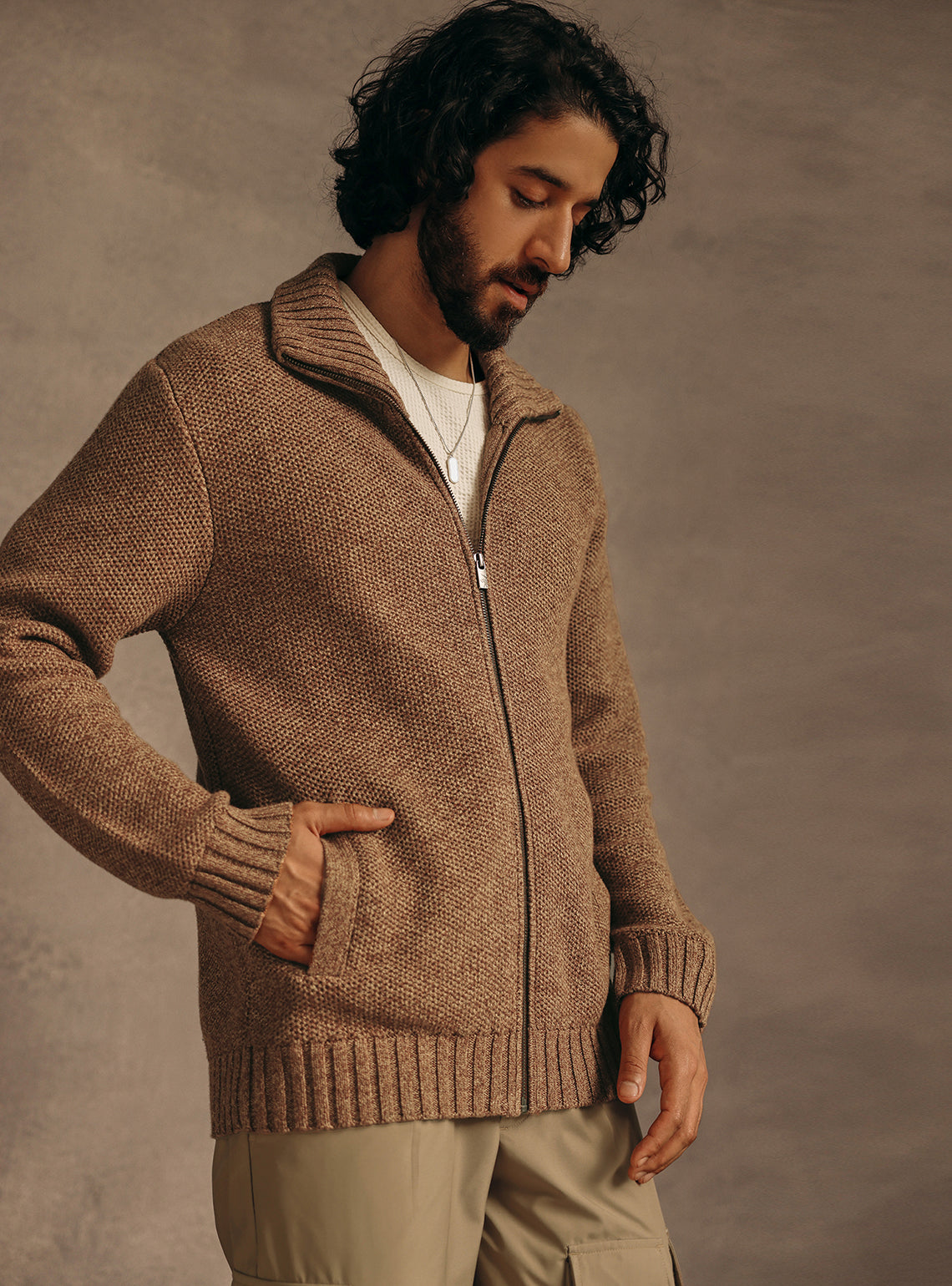 Copper Brown Cotton Melange Bomber Jacket