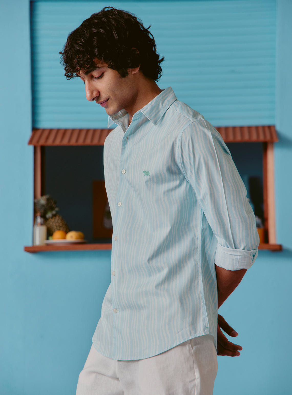 Lagoon Blue Cotton Tencel Print Shirt
