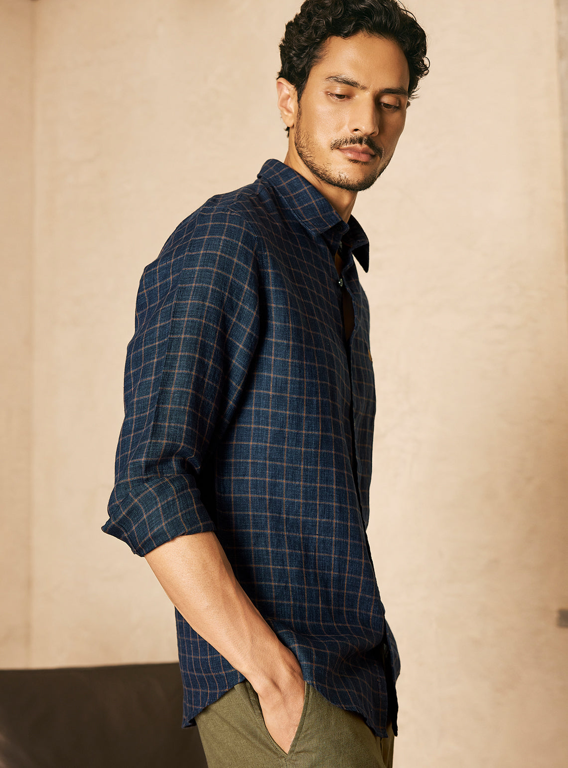 Harbor Navy European Linen Check Shirt