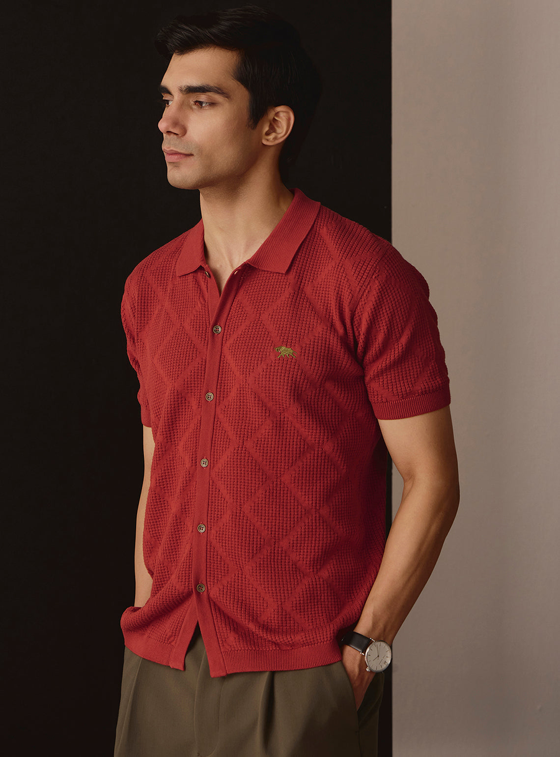 Terracotta Rust Jacquard Knit Shirt
