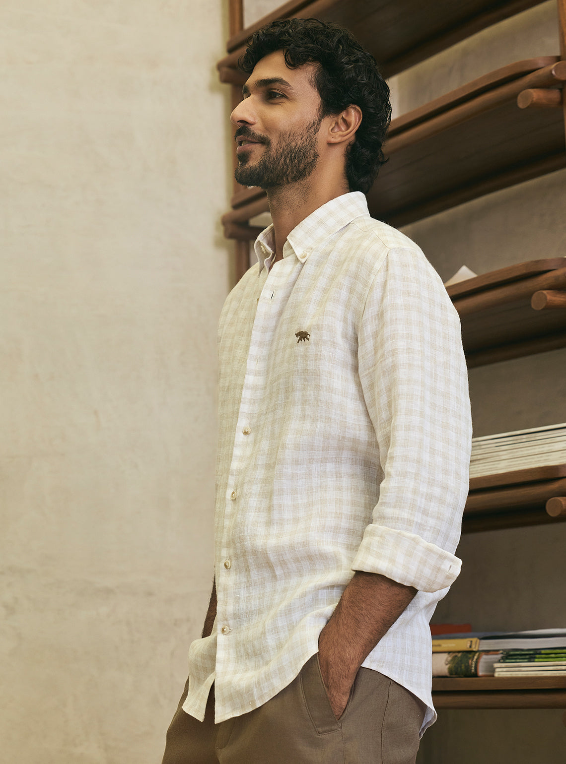 Sandstone Khaki European Linen Check Shirt