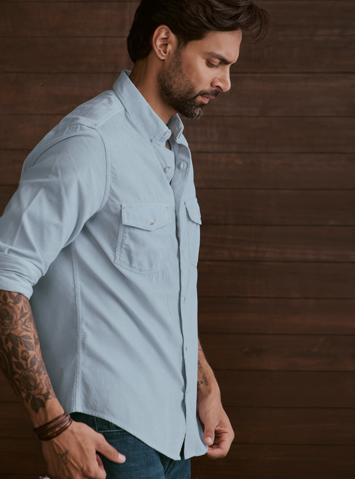 Glacier Blue Cotton Tencel Corduroy Shirt