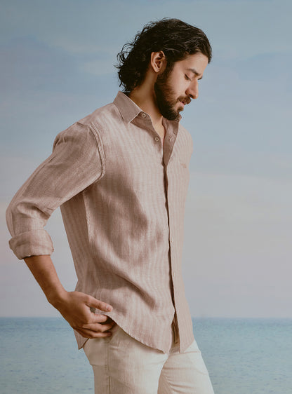 Drift Brown Linen Stripe Shirt