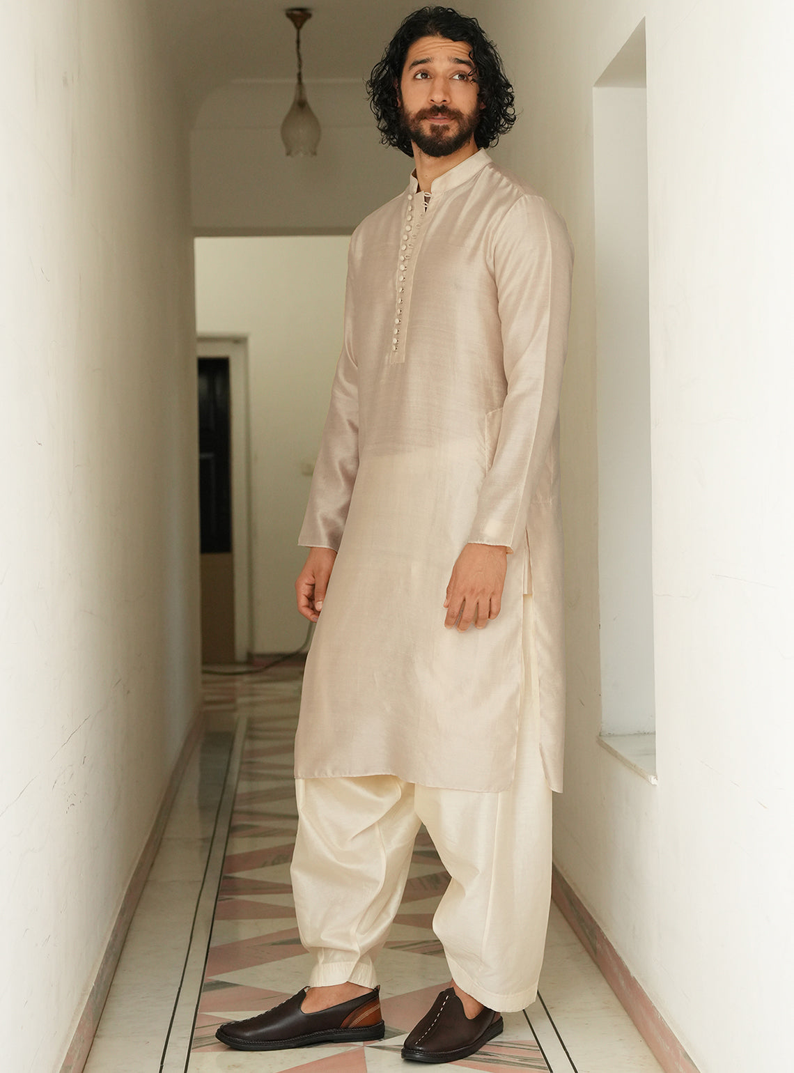Manh Beige Cotton Silk Kurta