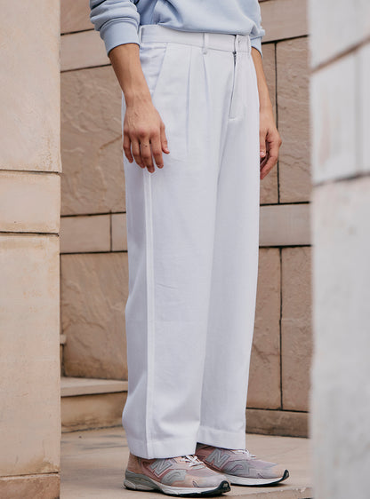 Frost White Cotton Pleated Trousers