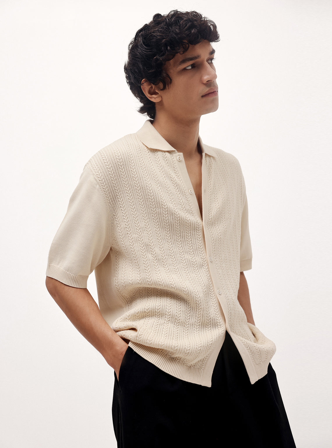 Dawn White Cotton Cable Knit Shirt
