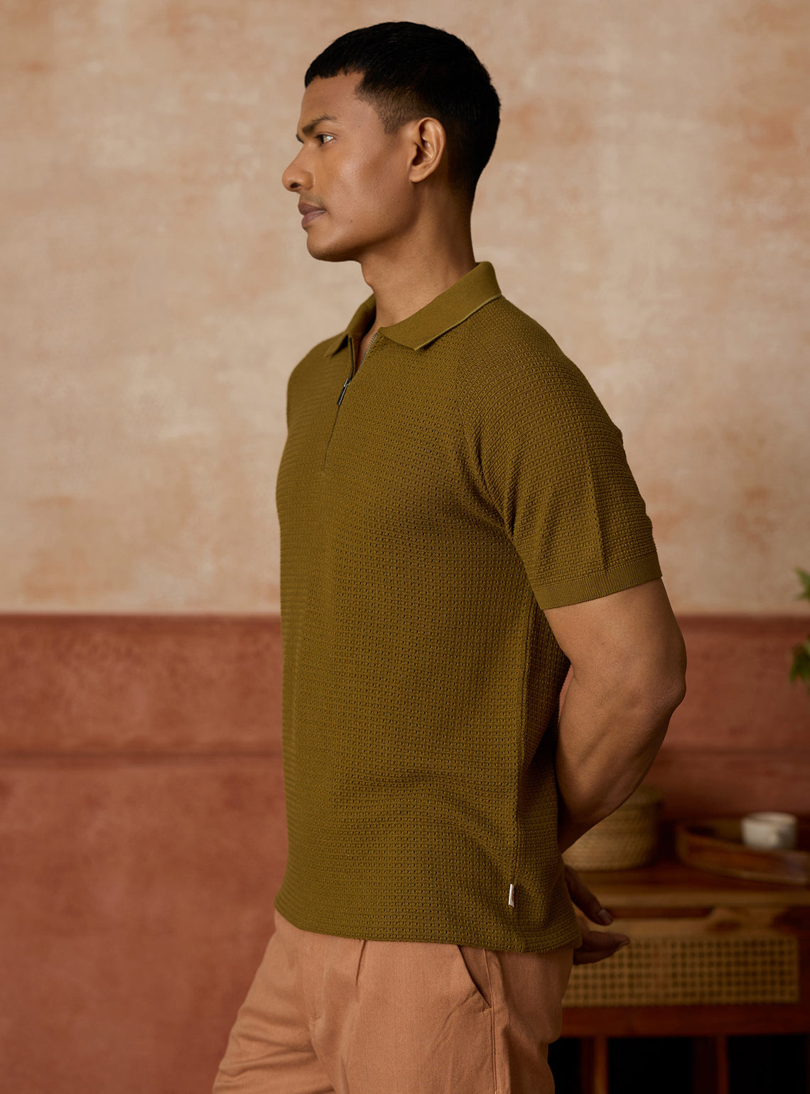 Woodland Olive Cotton Blend Pointelle Polo