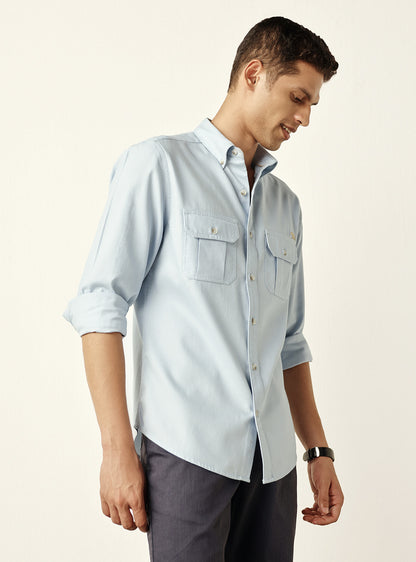 Classic Mid Blue Cotton Twill Shirt