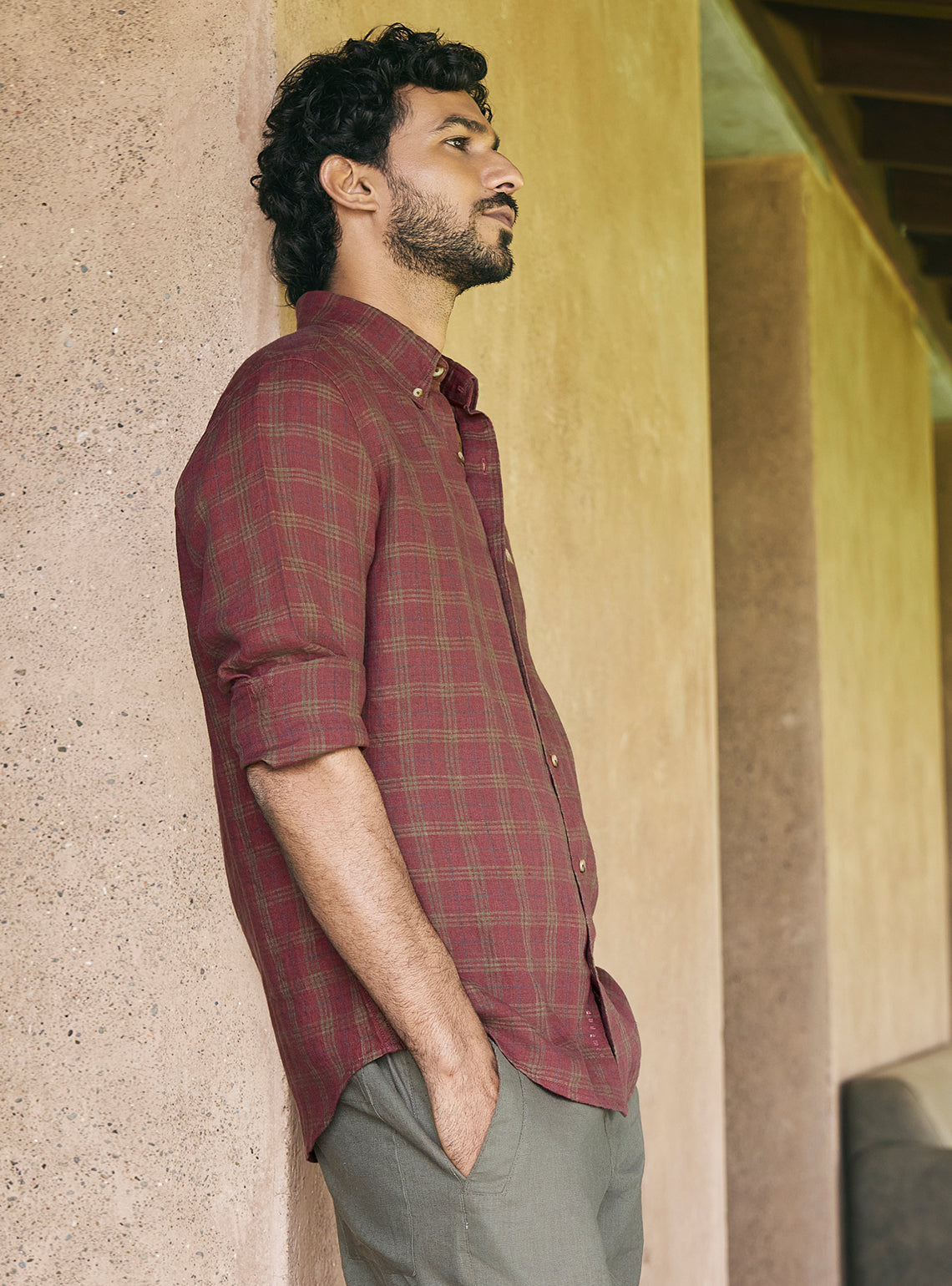 Plum Burgundy Check Linen Shirt