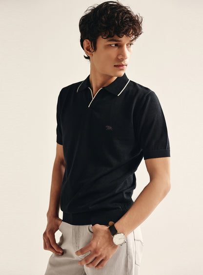 Bespoke Black Cotton Polo Shirt