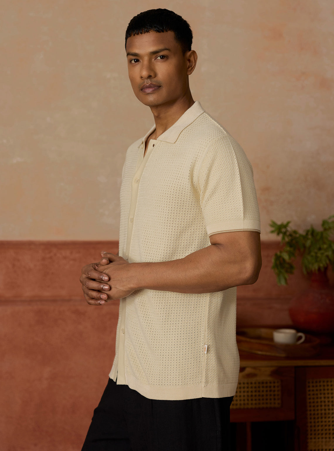 Misty Off-White Pointelle Cotton Blend Shirt