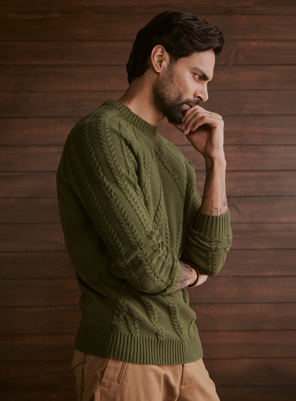 Canopy Olive Cable Cotton Wool Pullover