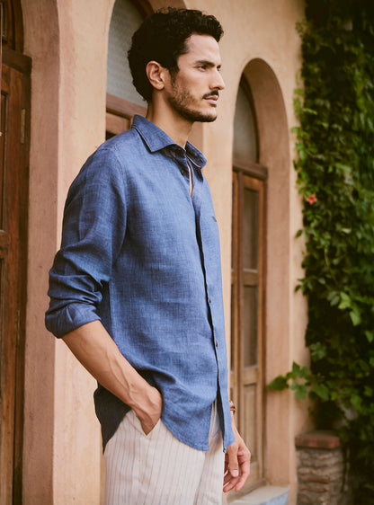 Port Navy Linen Check Shirt
