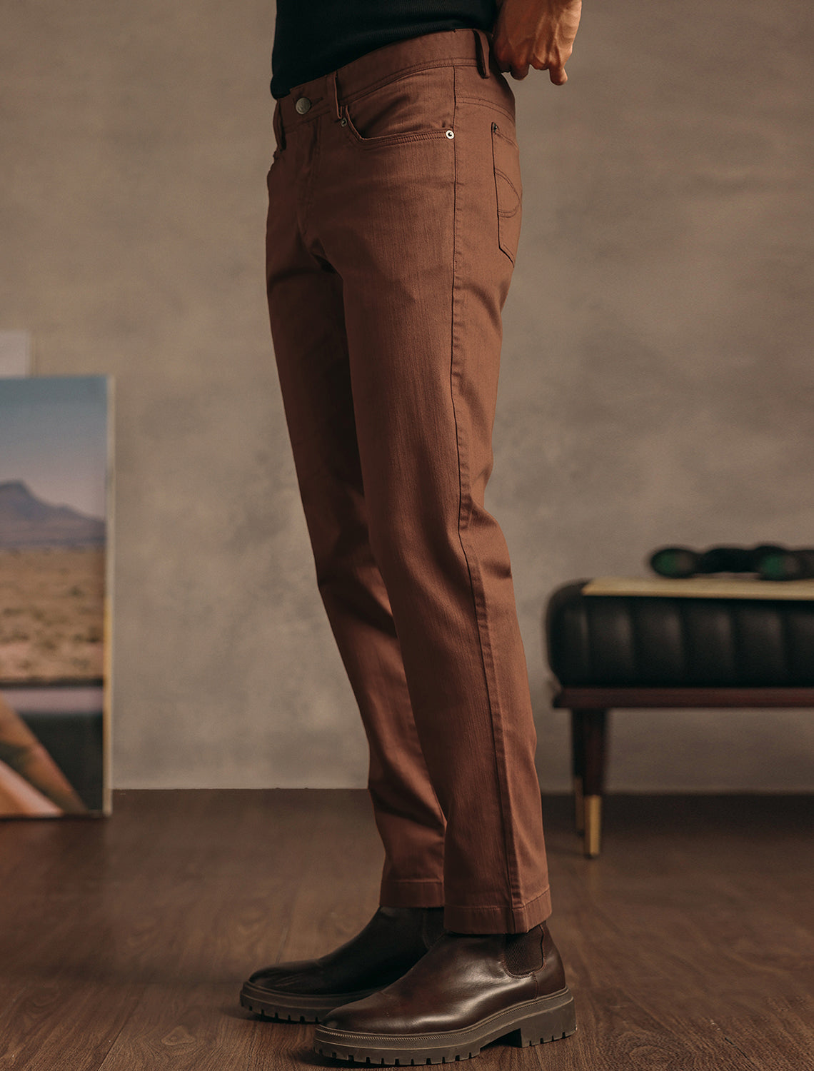 Saddle Brown Cotton Blend Overdye Denim Chinos