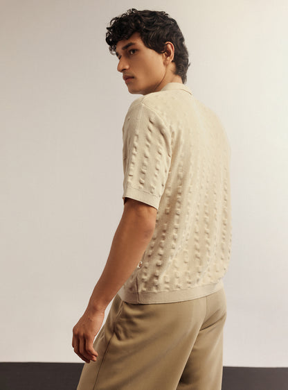 Vanilla White Cotton Seersucker Knit Polo