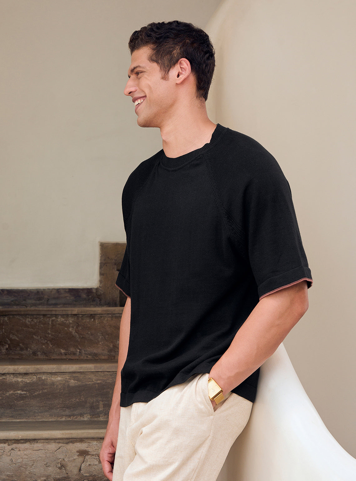 Mako Black Cotton Pointelle Crew