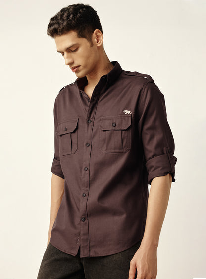 Earth Brown Cotton Twill Utility Shirt