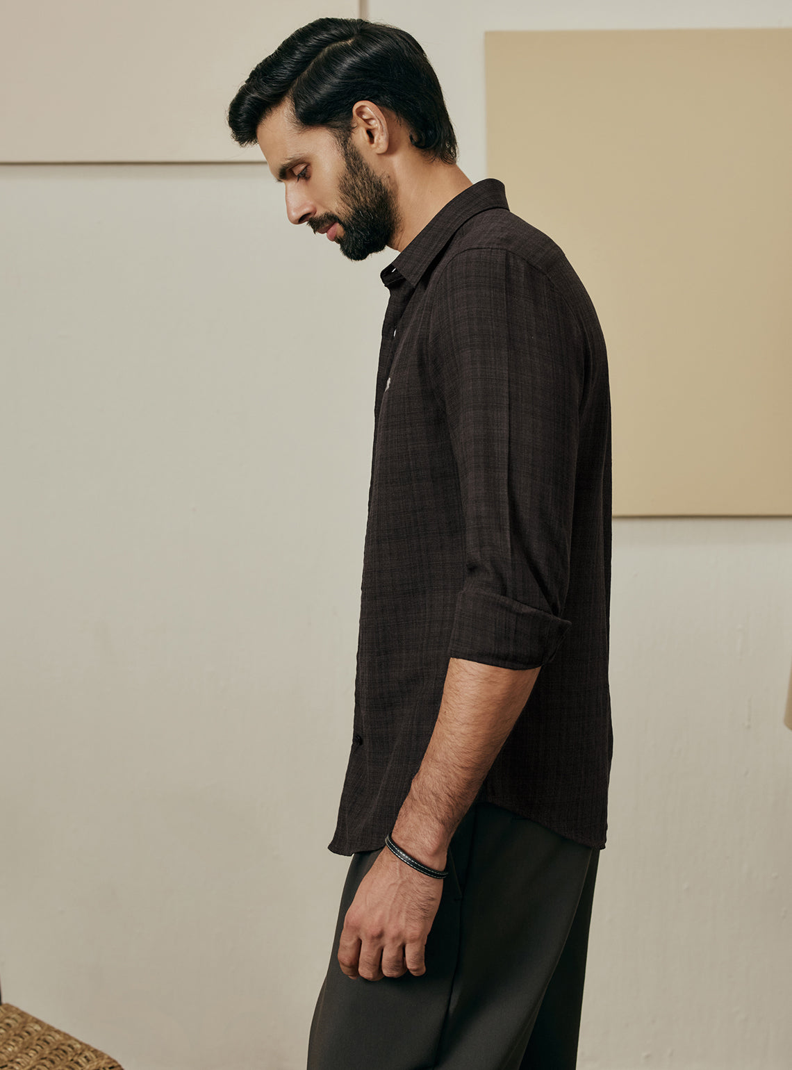 Espresso Brown Melange Check Cotton Shirt