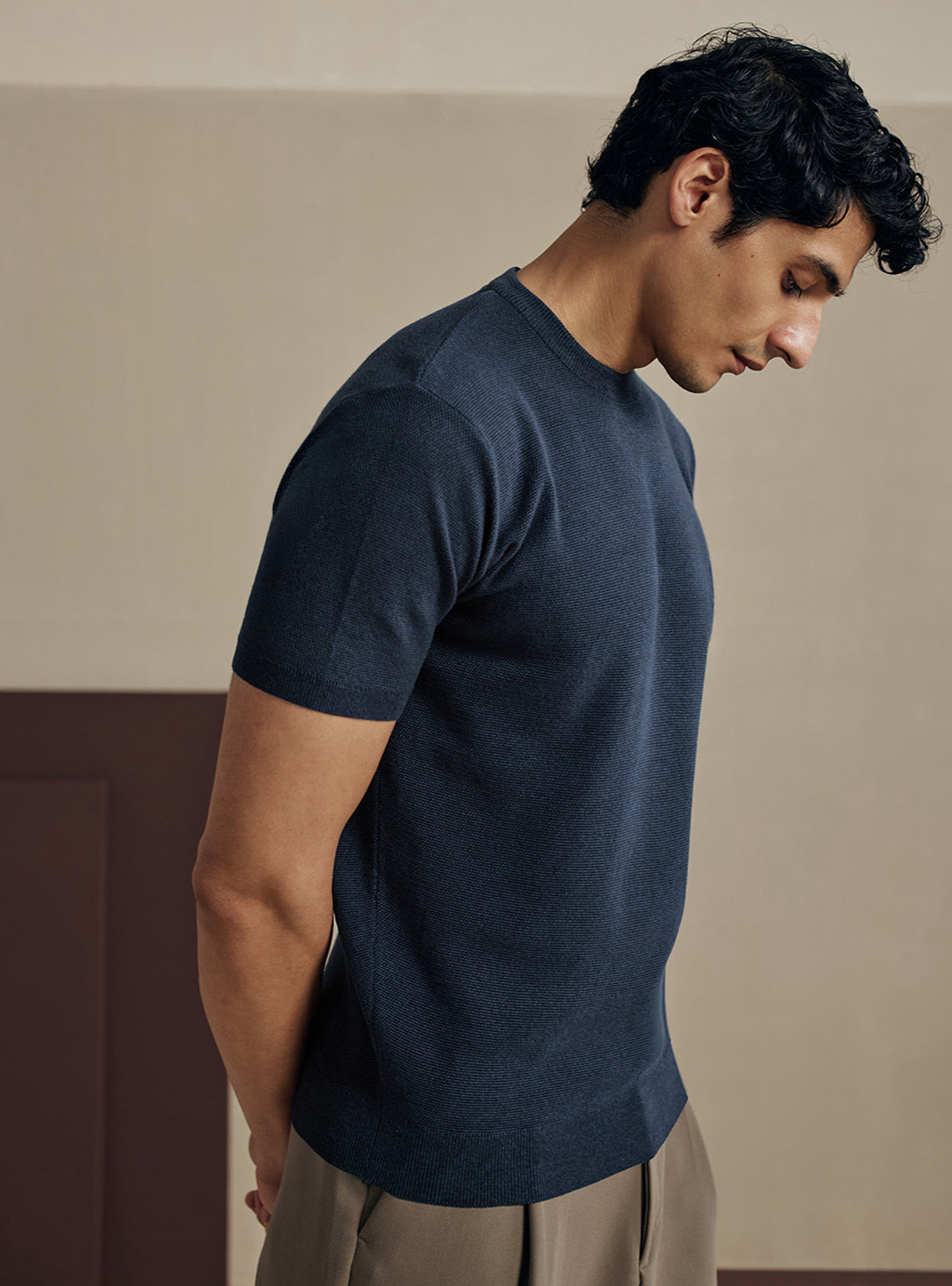 Marine Navy Moss Knit Cotton Crewneck