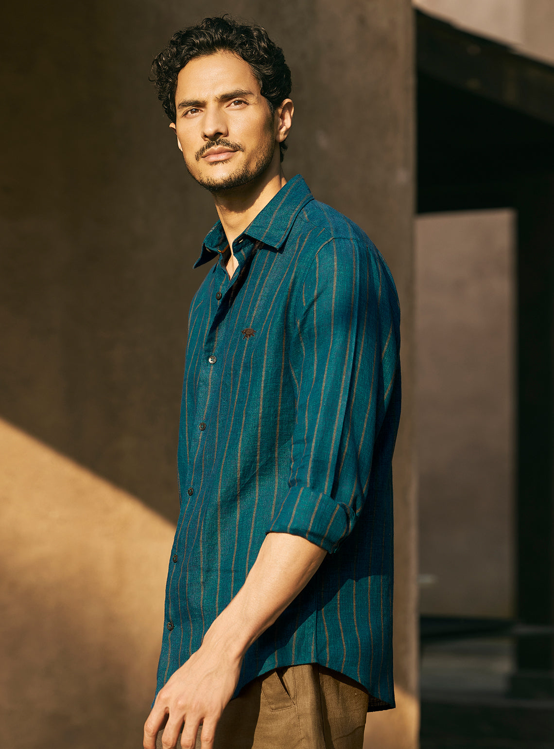 Breeze Teal European Linen Stripe Shirt