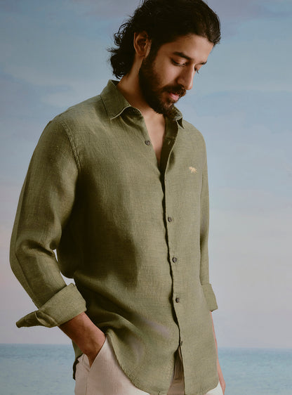 Moss Olive Linen Dobby Shirt