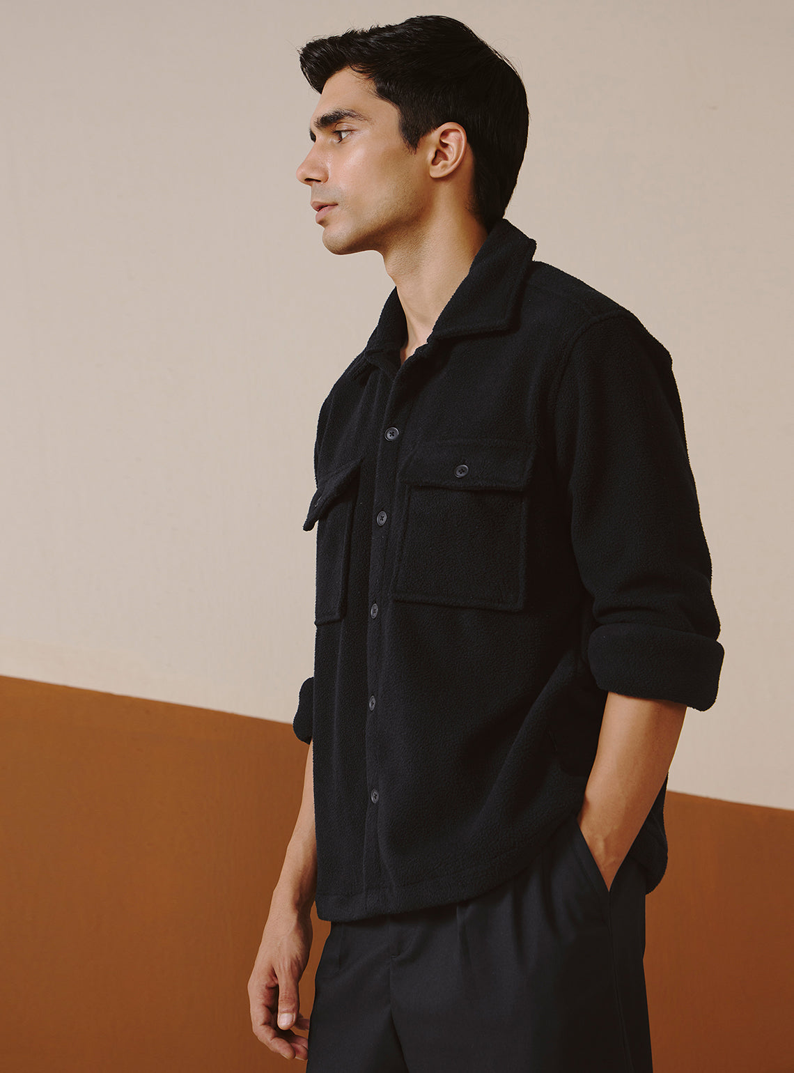 Jet Black Poly Fleece Overshirt