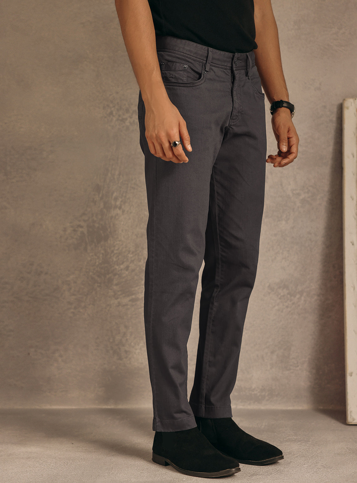 Gravel Grey Cotton Blend Overdye Denim Chinos