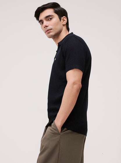 Jet Black Cotton Knit Polo