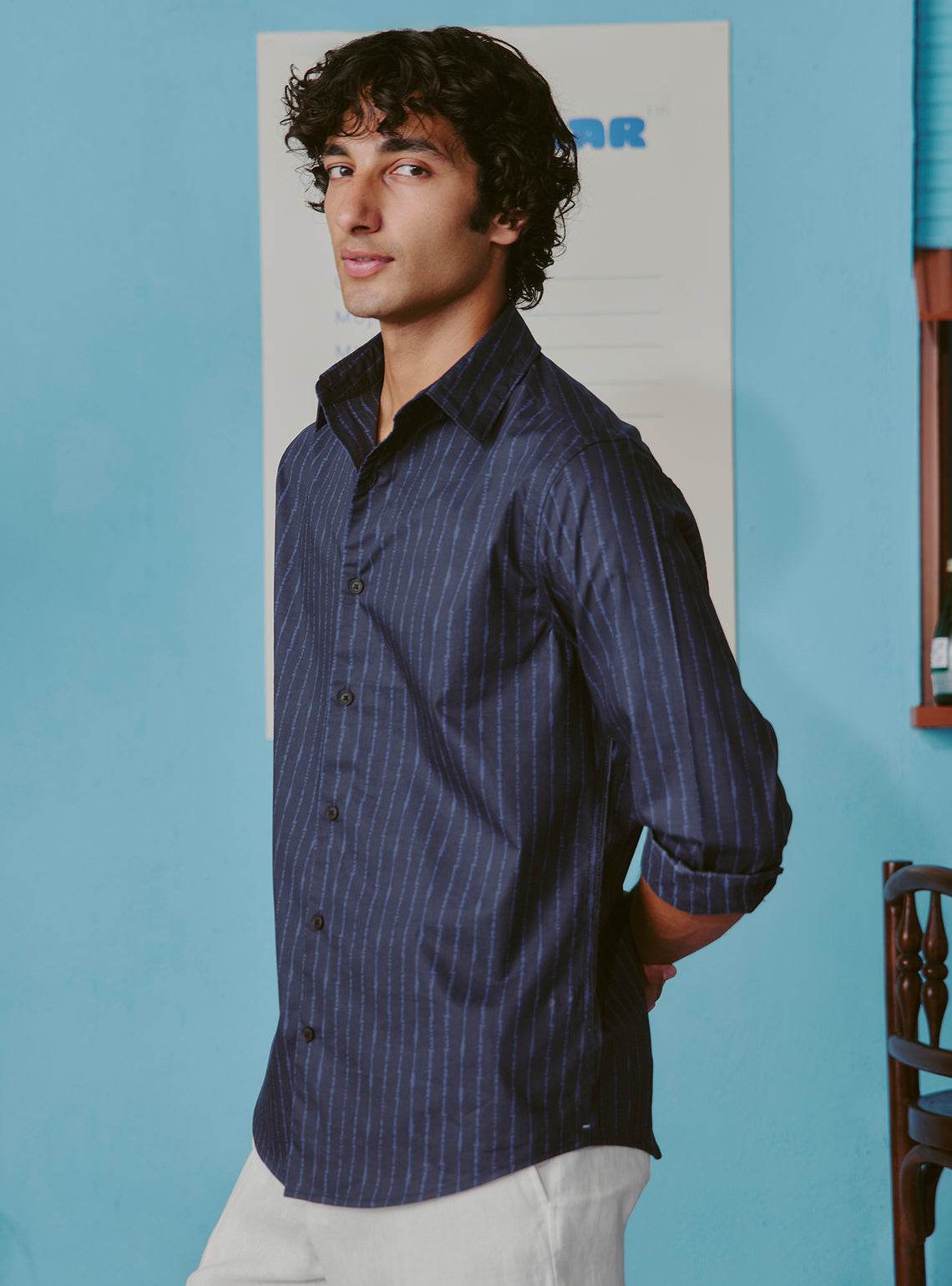 Stormy Blue Cotton Tencel Print Shirt