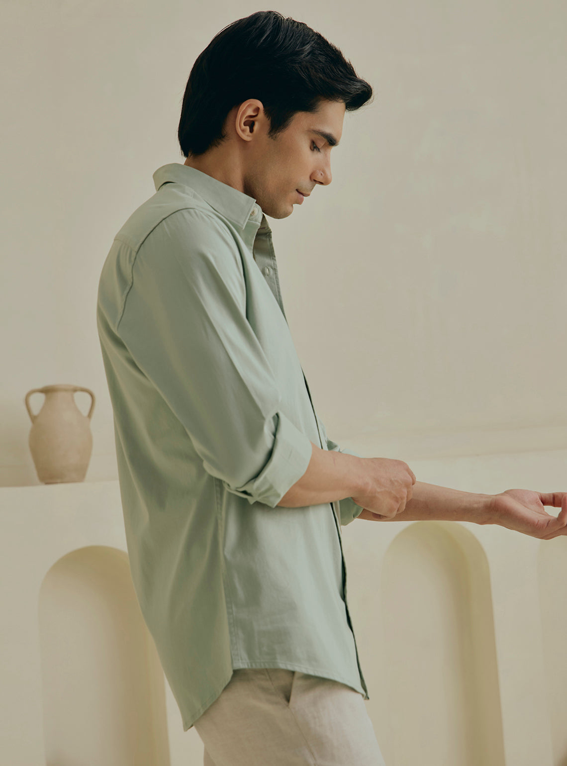 Pistachio Green Cotton Stretch Satin Shirt