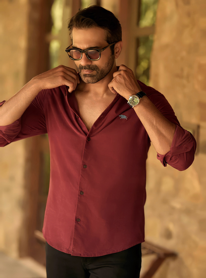 Burgundy Oxide Cotton Blend Corduroy Shirt