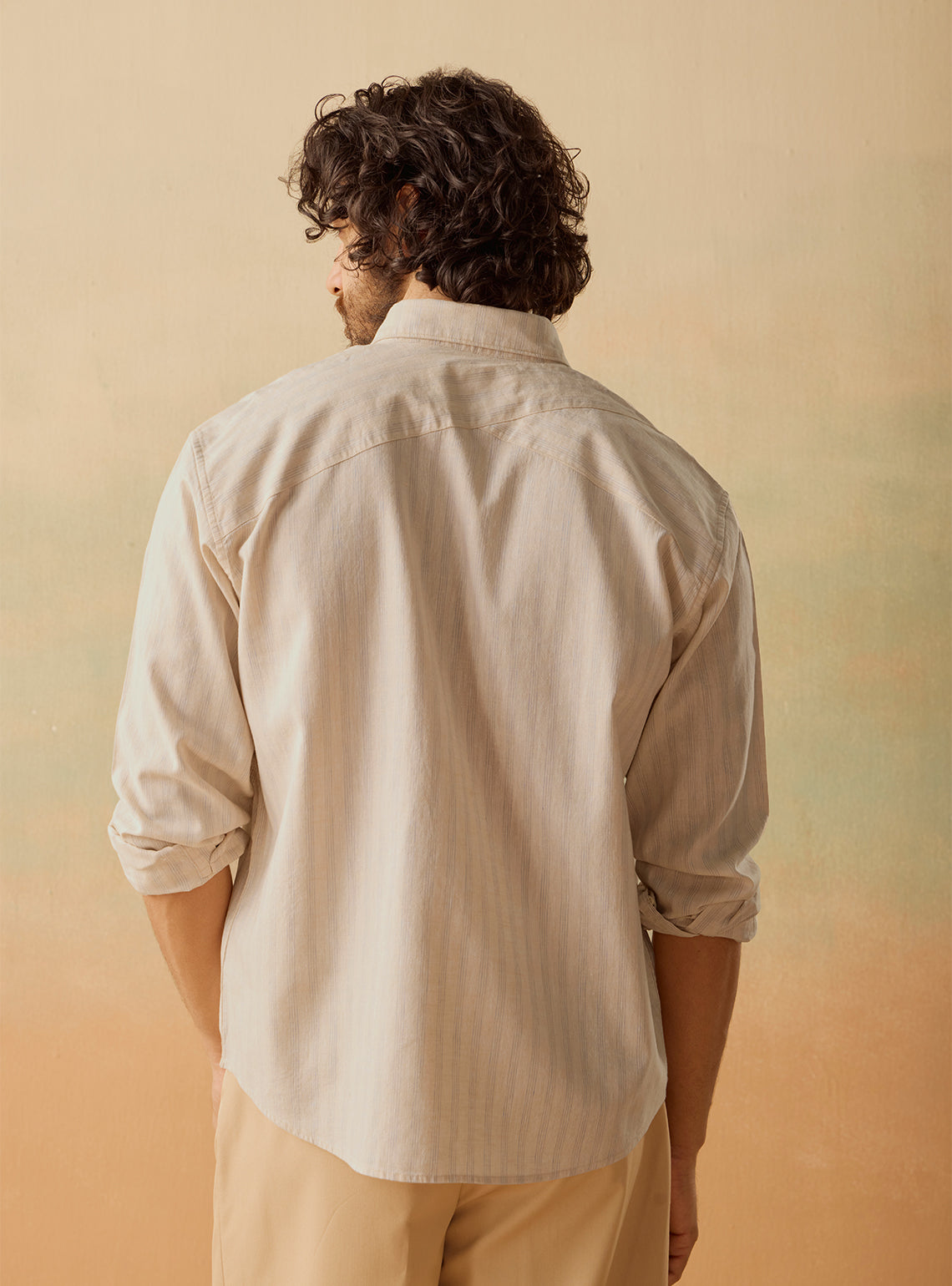 Beige Linen Cotton Stripe Shirt