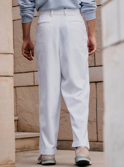 Frost White Cotton Pleated Trousers