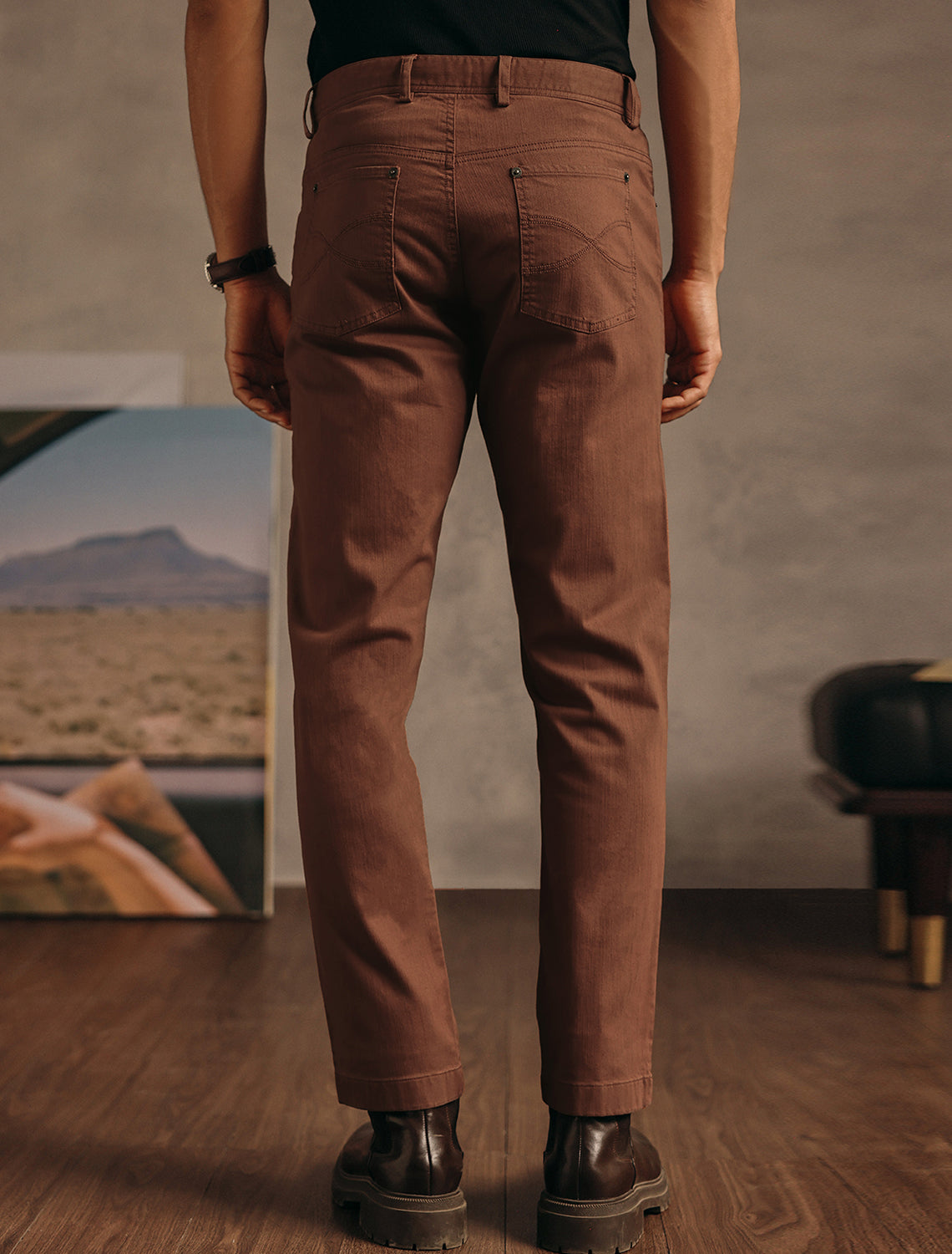 Saddle Brown Cotton Blend Overdye Denim Chinos