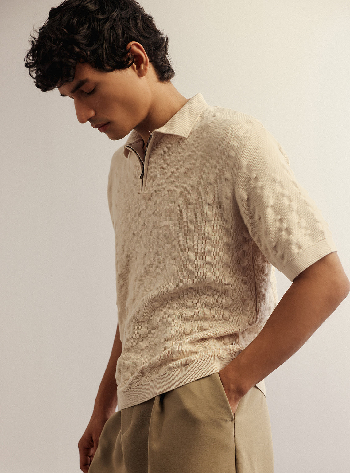 Vanilla White Cotton Seersucker Knit Polo