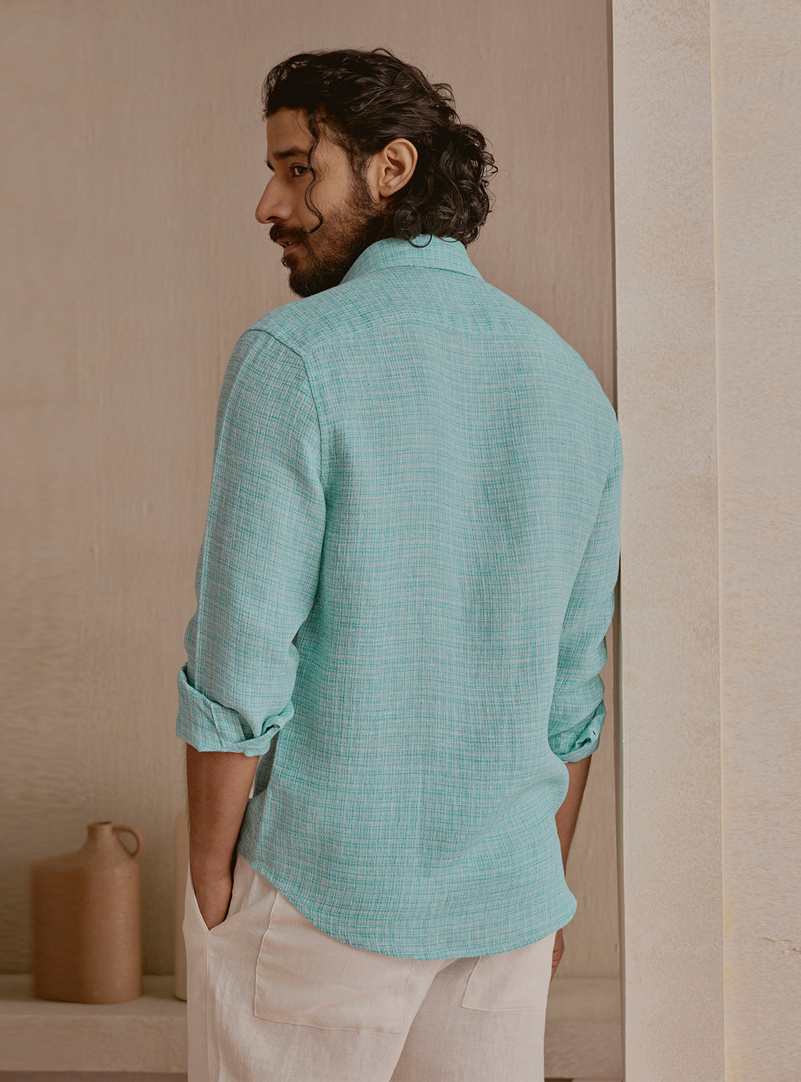 Lagoon Teal Linen Structure Shirt