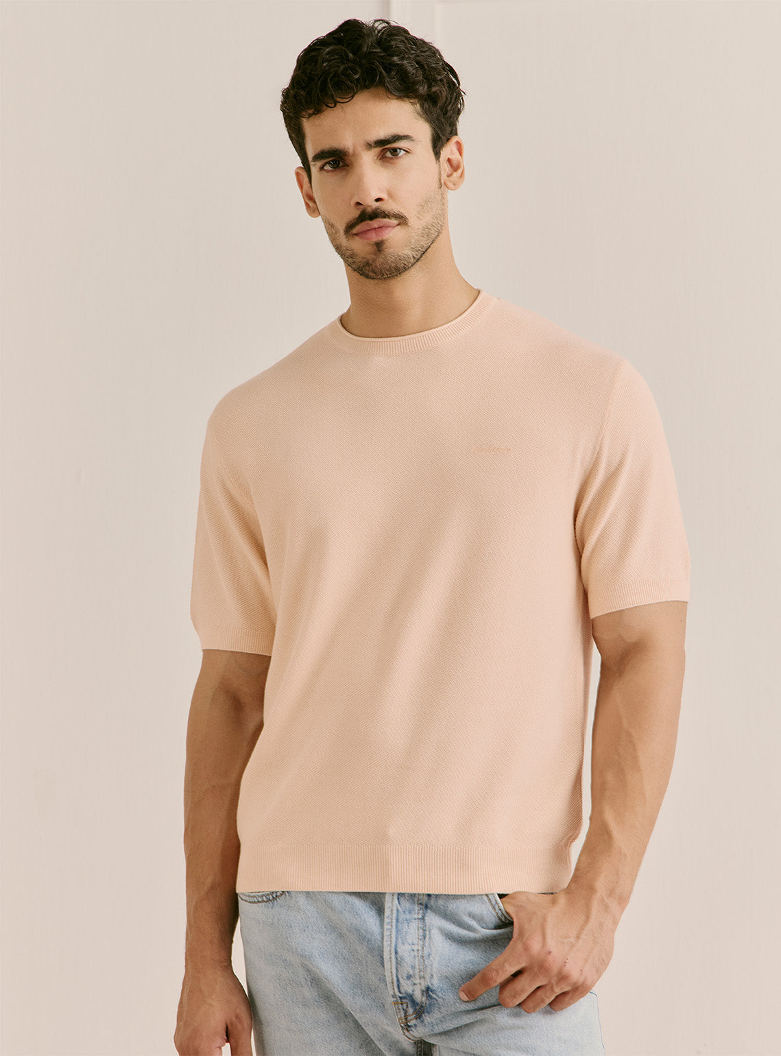 Petal Pink Cotton Honeycomb Knit Crewneck