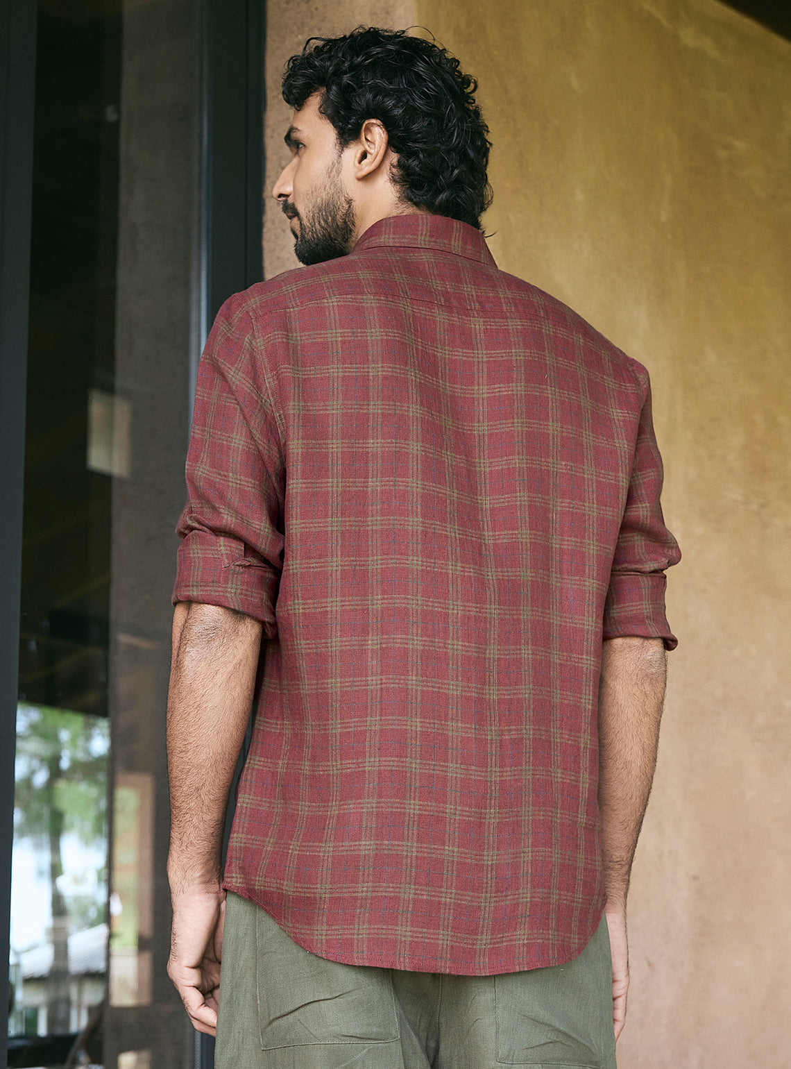 Plum Burgundy European Linen Check Shirt