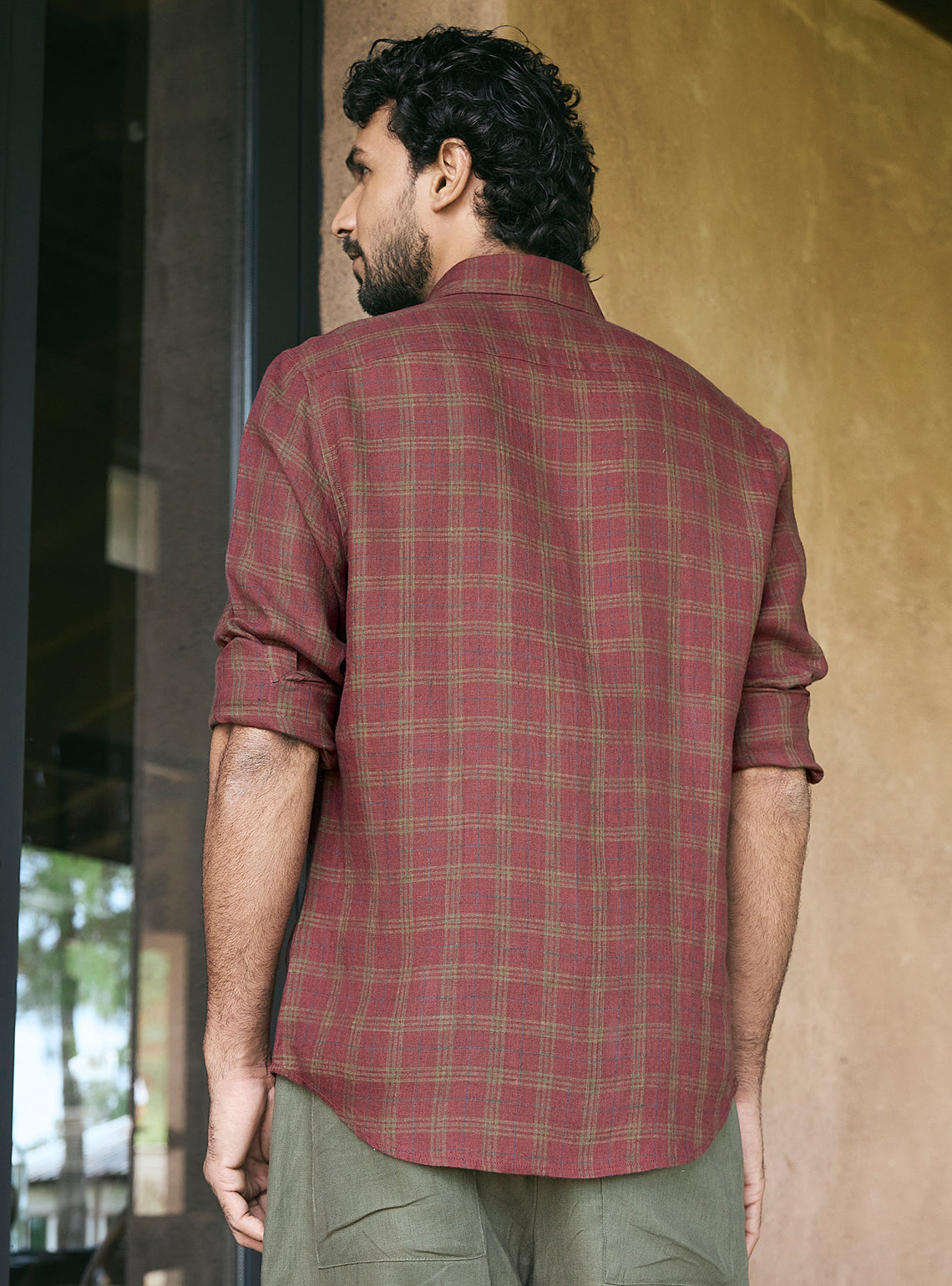 Plum Burgundy Check Linen Shirt