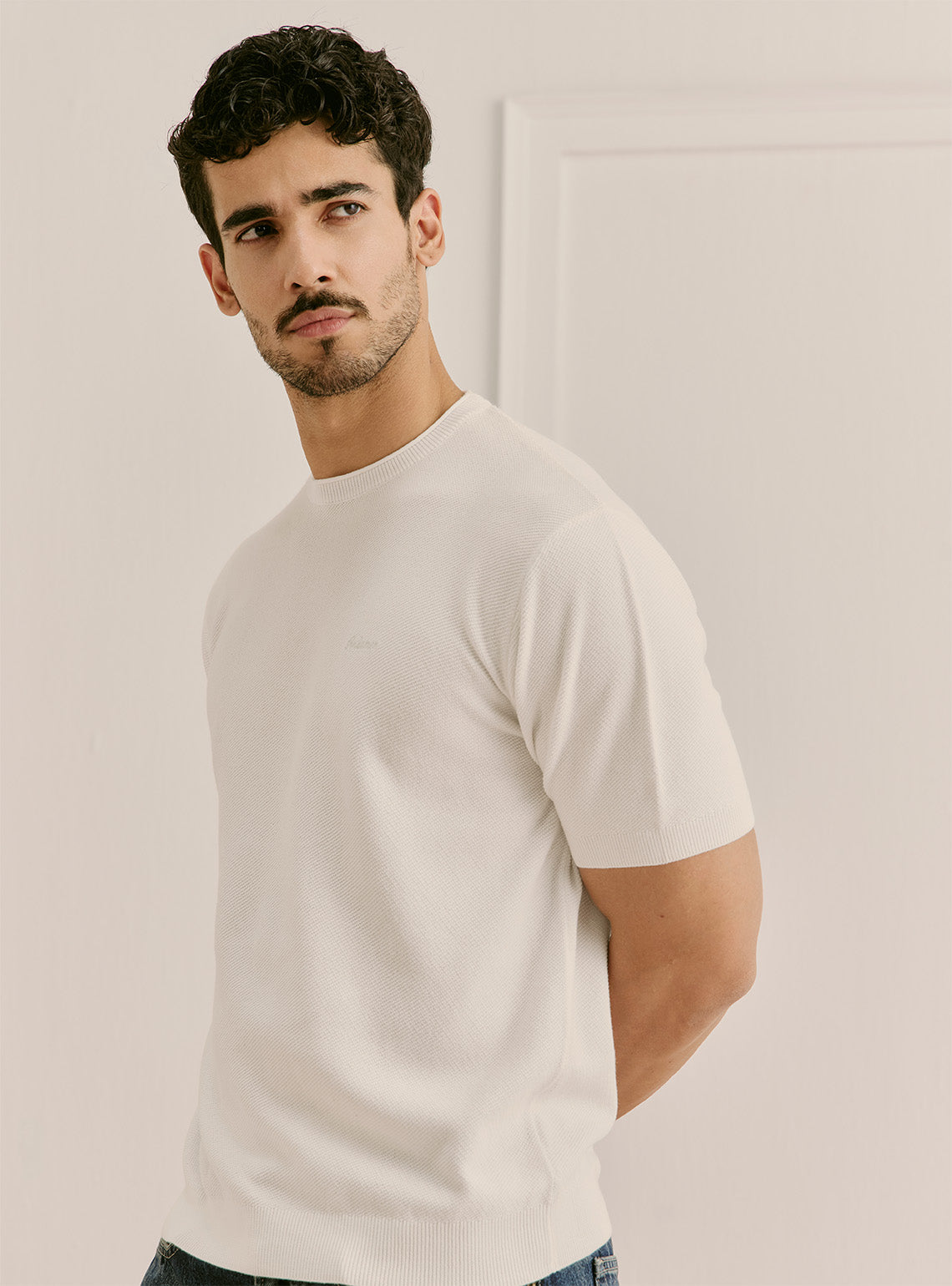 Daybreak White Cotton Honeycomb Knit Crewneck
