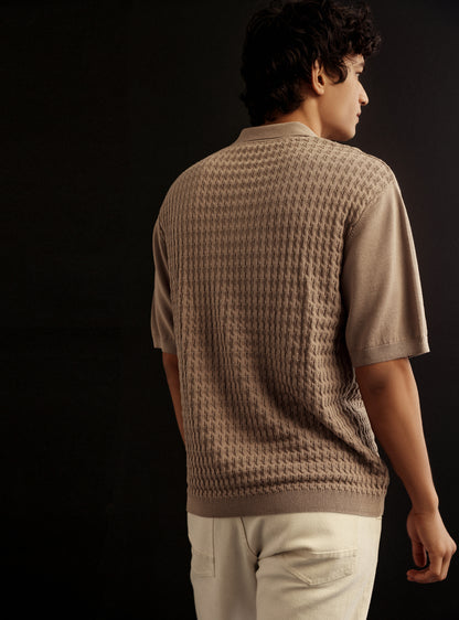 Khaki Spice Cotton Cable Knit Polo
