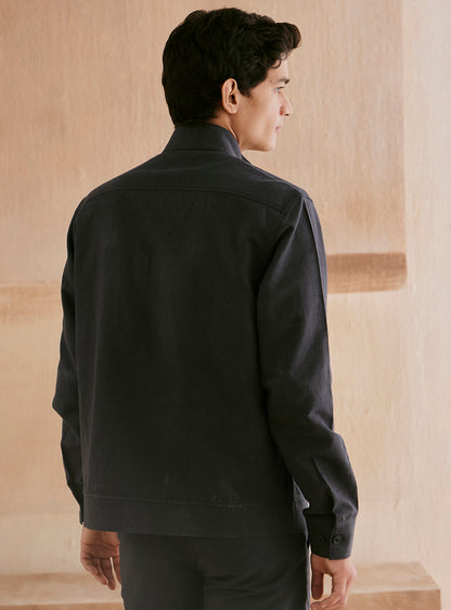 Onyx Black Cotton Linen Bomber