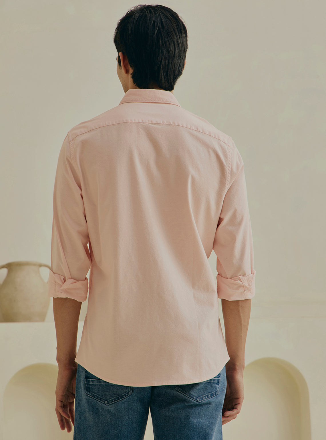 Peach Pink Cotton Stretch Oxford Shirt