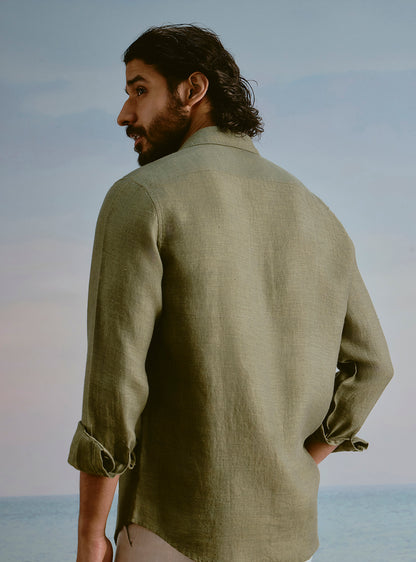 Moss Olive Linen Dobby Shirt
